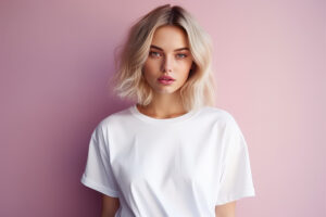 Woman with a precision blonde bob haircut, a popular gender-neutral hair style at Fusion Salon.