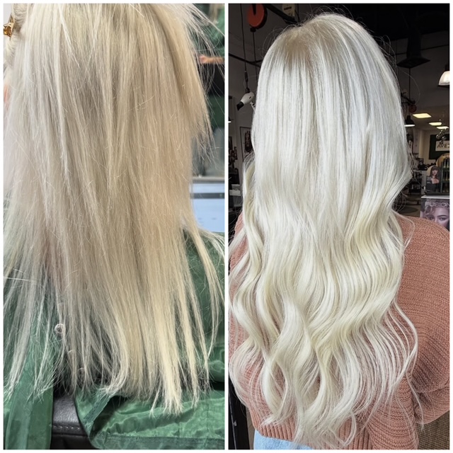 Before and after of a platinum blonde color correction and luxury hair extensions transformation at Fusion Salon in Jacksonville, FL.